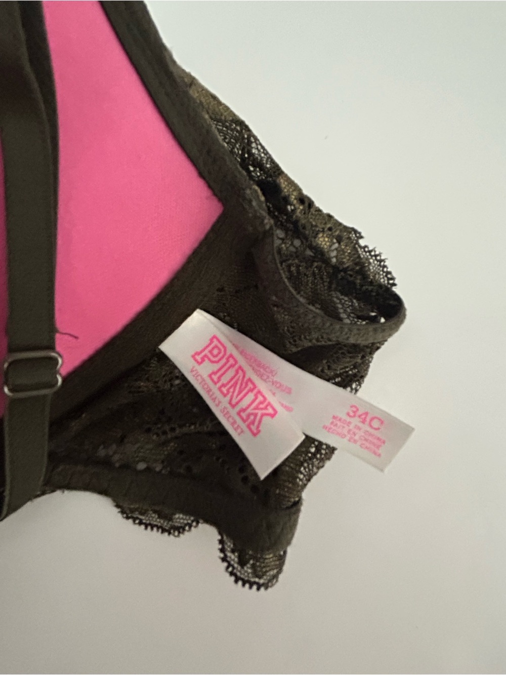 Victoria's Secret PINK Lace Trim Racerback Bra in Olive with Pink Lining - Picture 4 of 4